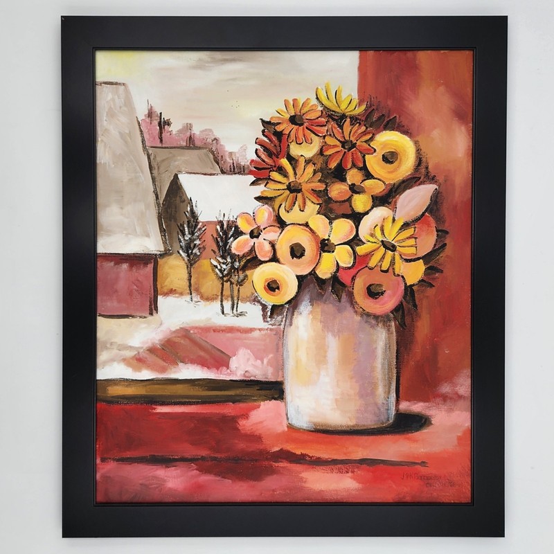 Vintage MCM Floral Oil Painting 20×24 Framed Still Life Flowers Winter Landscape