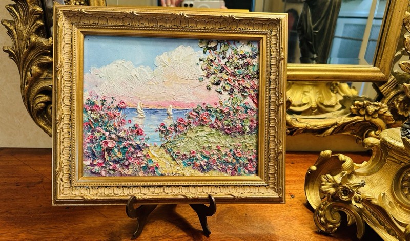 Vintage KADLIC Original Oil Painting Seascape Impasto Gold Gilt Wood Frame 12” gallery