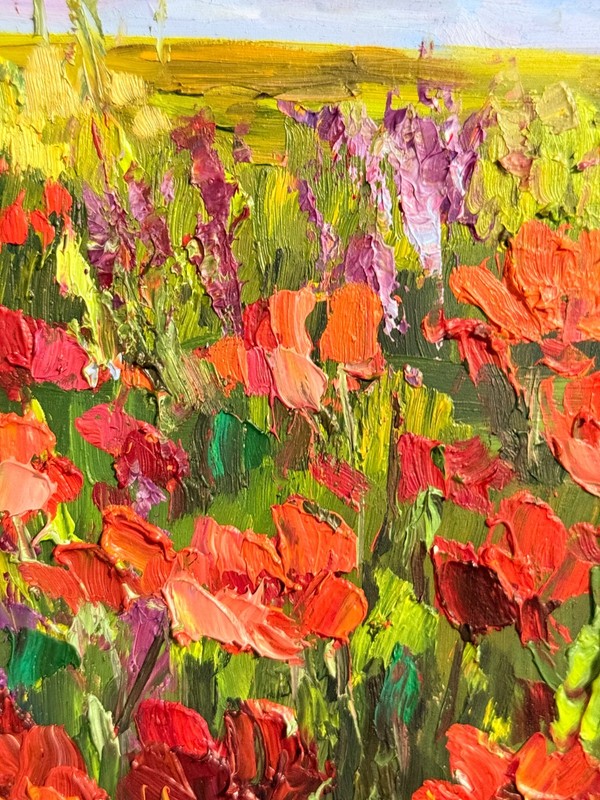 Original Red Poppy Field Oil Painting Landscape Wildflowers Impasto Art 8x10 in gallery