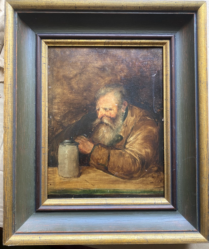 ::OIL PAINTING WALKER WITH COAT HAT STICK AND BOTTLE PORTRAIT LOOK DOWN