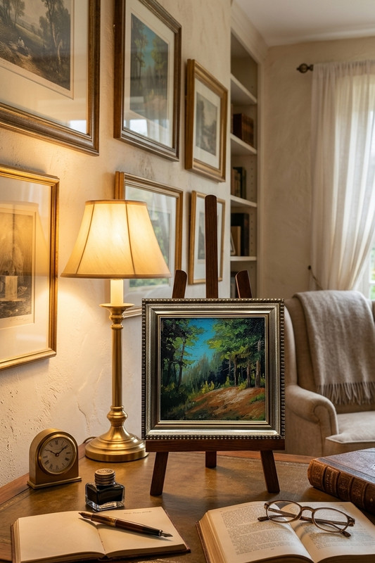 Original Miniature Oil Painting Forest Landscape Framed Impasto Pine Trees Art gallery