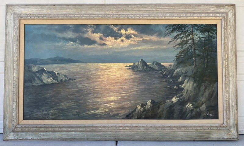 Moonlight Over the Mediterranean Sea — Antique Framed Oil Painting by J. Andel gallery