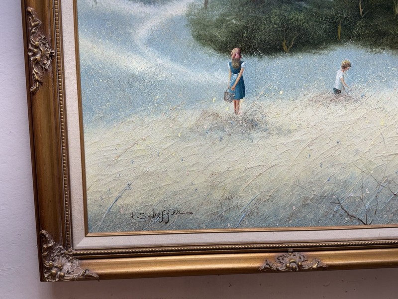 LARGE VINTAGE K SCHEFFER SIGNED OIL PAINTING LANDSCAPE FIGURE FRAMED gallery