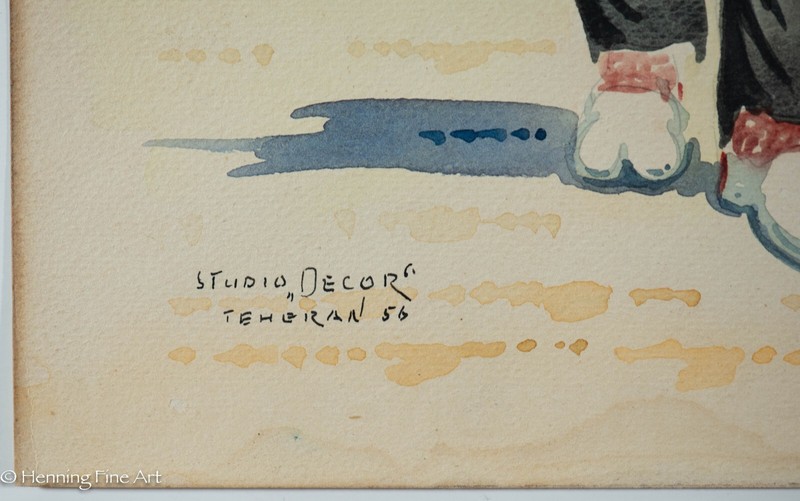 Beautiful Mid Century Studio Decor Watercolor Painting Tehran Rug Seller gallery