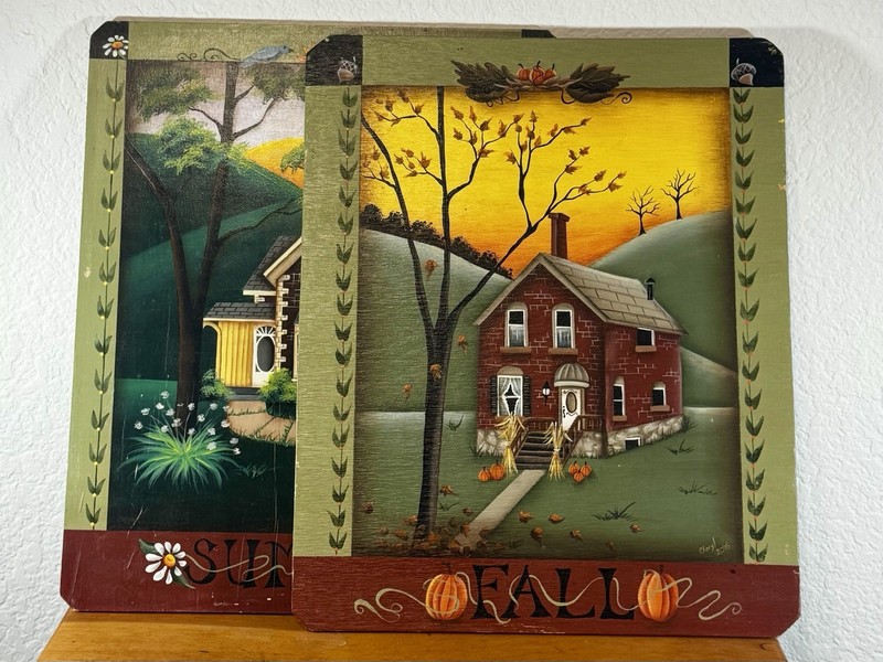 Large Double Sided Seasonal Folk Art Tole Paintings on Wood Signed