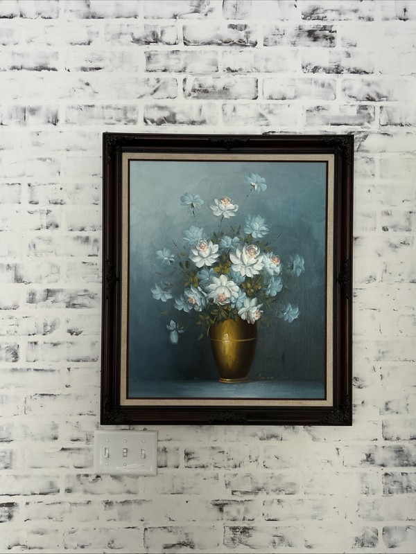 Robert Cox Signed Oil Painting Roses Floral Vase Framed Vintage Blue Framed