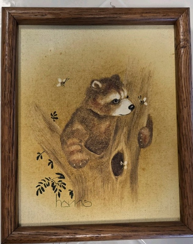 PEGGY HARRIS «the ambush» ORIGINAL OIL ON CANVAS PAINTING SIGNED bear tree bees