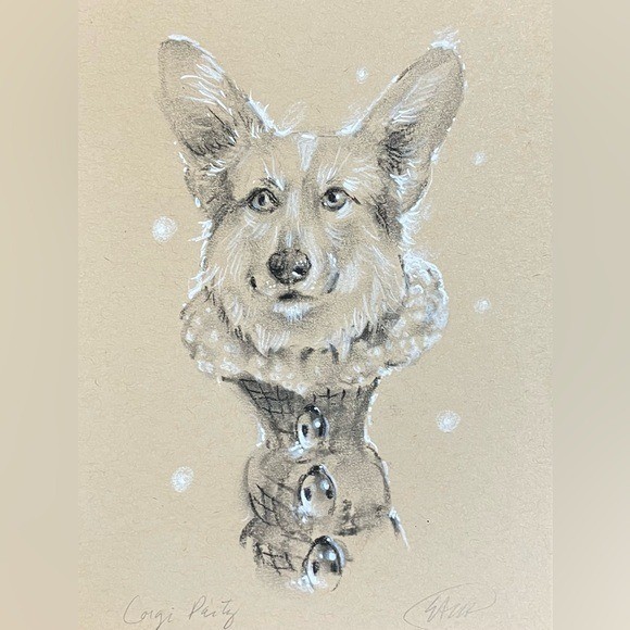 ORIGINAL Corgi Dog Painting Portrait ladybug Art Snow Pastel Charcoal Artwork