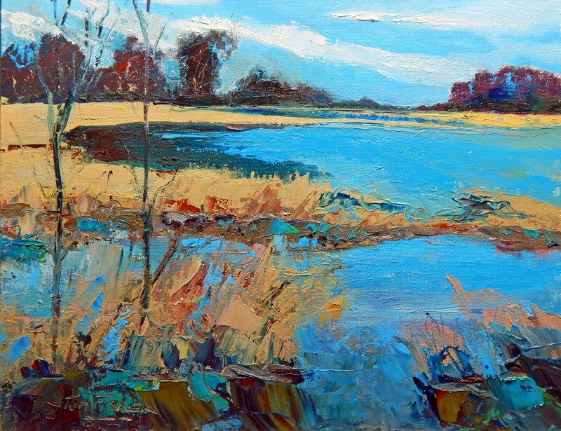 swamp marsh water beige blue palette knife Impressionist Landscape Oil Painting