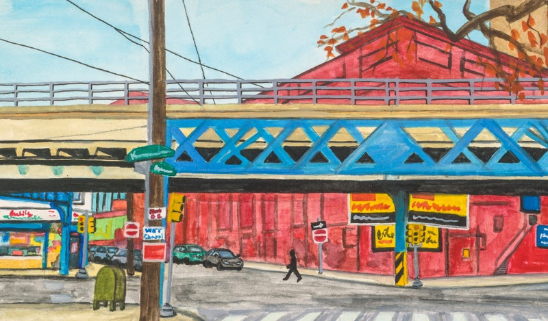 Original Philly Art Painting Gouache on Paper 6×12 inch Philadelphia El Train