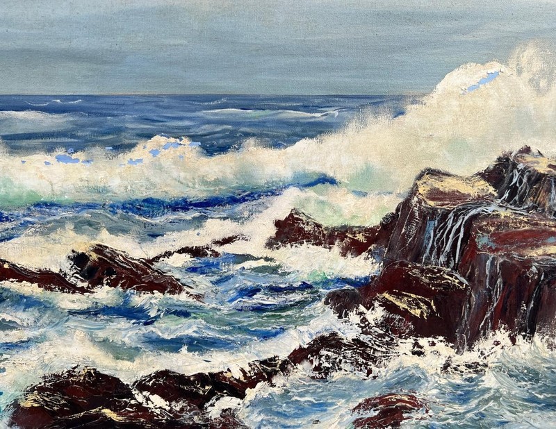 Old Oil Painting Seascape Coastal Landscape Ocean Rocks Waves Berneyce Stevenson