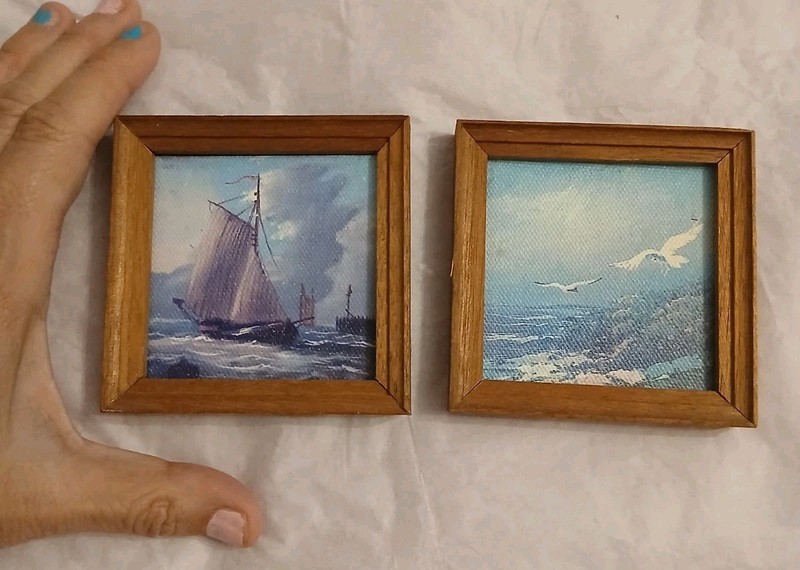 Miniature Oil Paintings Sailboat Seagulls Ocean 1980’s