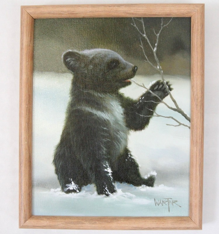 Vintage Oil Painting 8×10 Adorable Black Bear Cub Playing in Winter Snow
