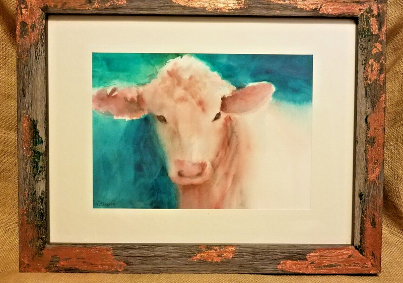 V Carruth Framed And Matted Cow Watercolor Acrylic Cow ‘Mollie’ Art