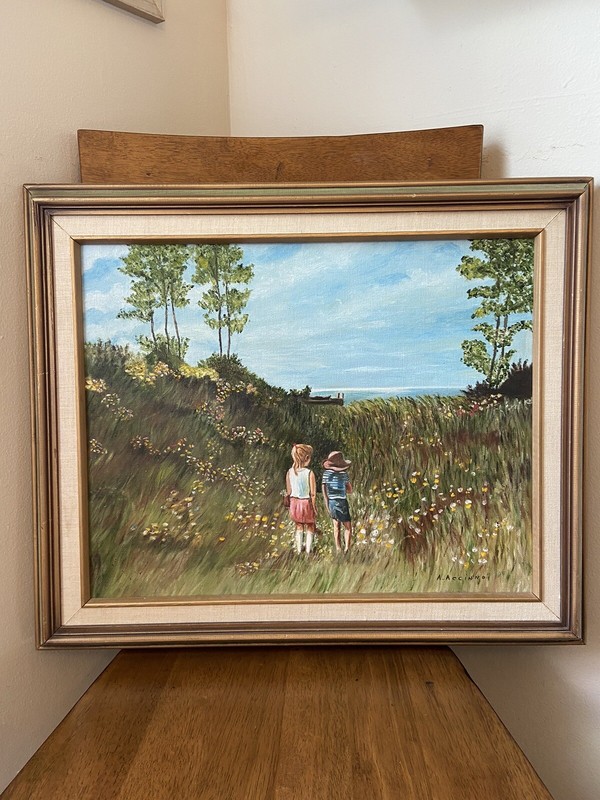Vtg  Children In Field Oil Painting Framed Canvas Realism Signed A.Accinno 25x21