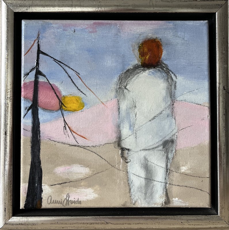 Expressionist Man Looking At Sea Modern Danish Midcentury Oil Painting 24x24cm