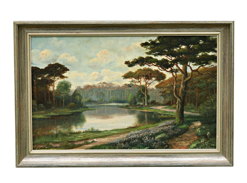 Antique Oil Painting Signed, Forest Landscape on Cardboard, Framed