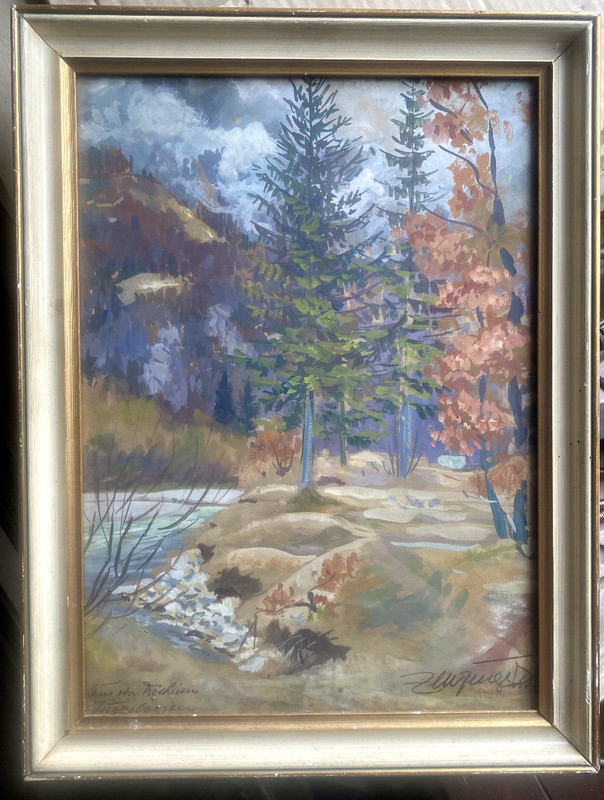 Gouache Location Indecipherable – Signed Autumn Forest Lake Trees Frame