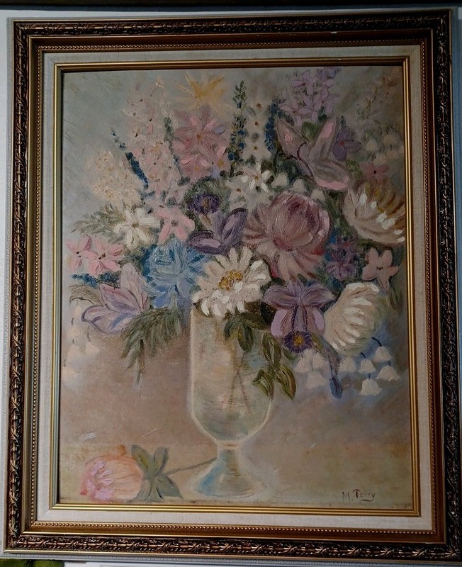 Vintage Original Oil Board FLORAL PASTELS Painting Signed Shabby Cottage Chic