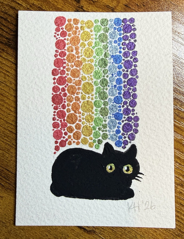 Whimsical ACEO – Signed, Hand-Painted Black Cat w/ Rainbow painting