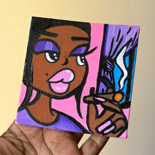 Small Cartoon Woman Portrait Original Painting Canvas Board 4x4in Evangelitaart