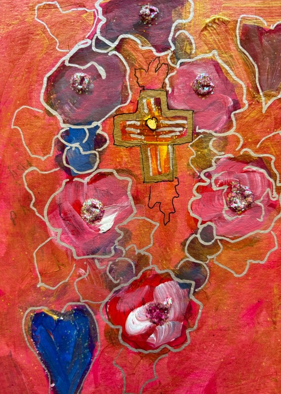 Rose Necklace Cross original 7×5 inch mixed medium painting paper Emmi
