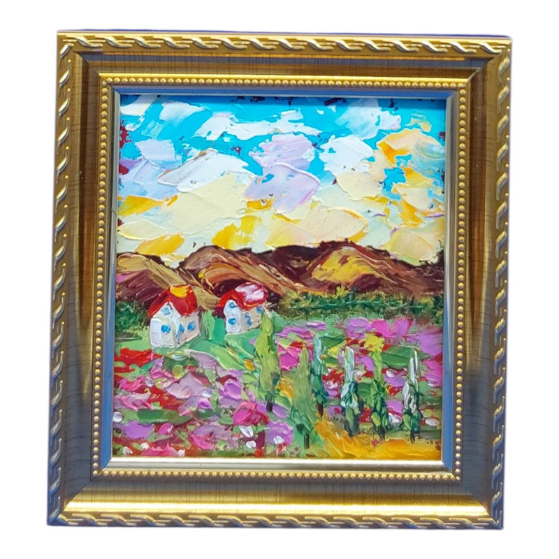 Lavender Tuscany Original Oil Painting Gold Framed Wall Art Handmade 4.8×4.3