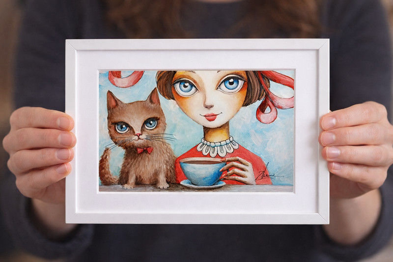 Original Whimsical Art Woman Cat Fantasy Figurative Fairy Tea Time Signed OOAK