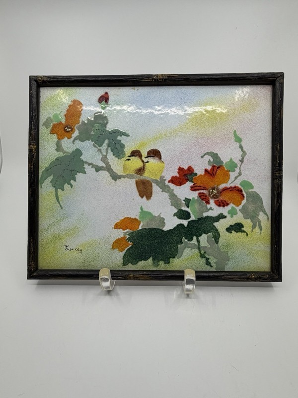 Vintage Framed Jean Lucey Enamel On Copper Painting Birds & Florals 10.5”
