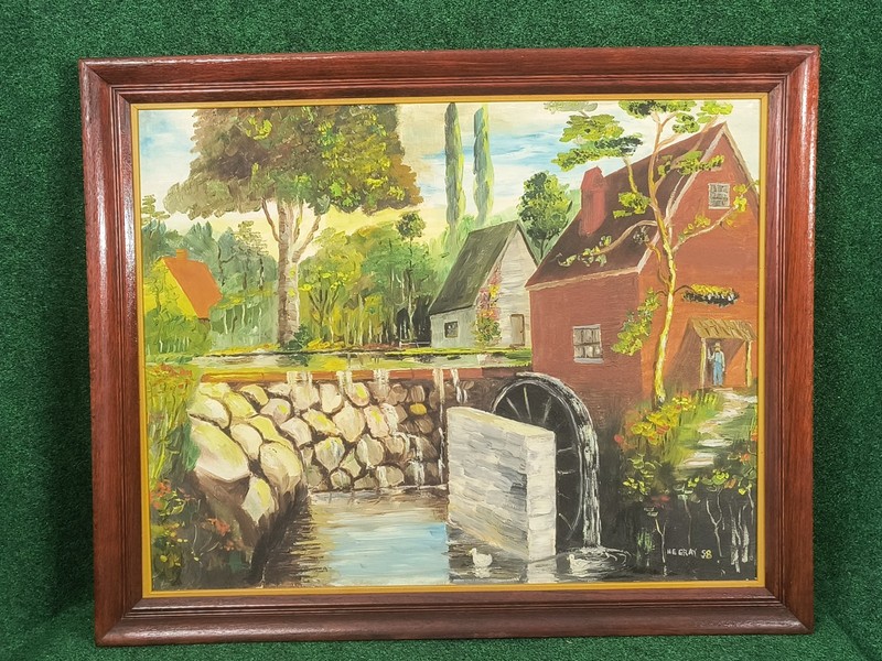 Vintage 1958 Large Wood Framed 3D Oil Painting «Old Mills» Georgia Artist Signed