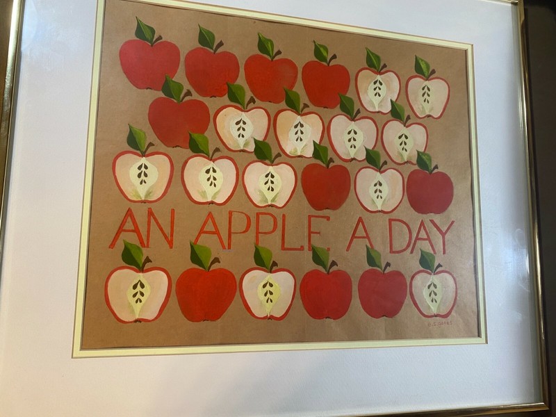Elizabeth S Gates «An Apple A Day» Gouache Painting – Signed And Framed