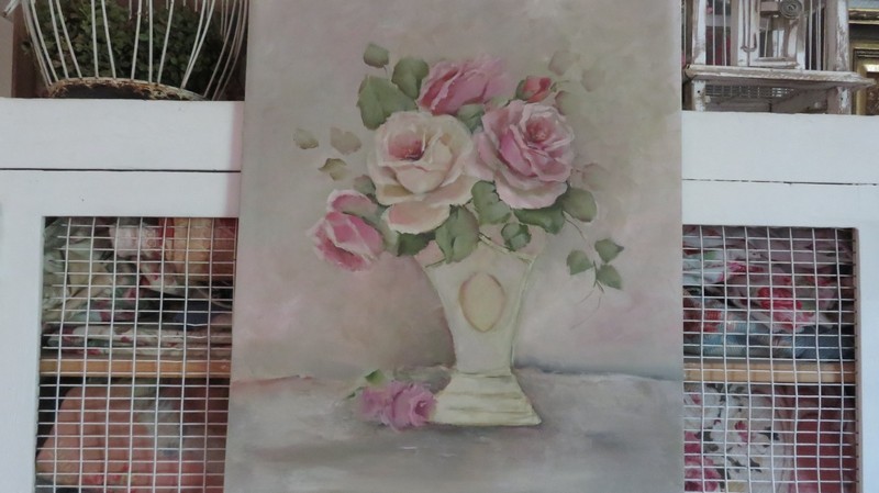 Vintage ORIGINAL Painting by Cindy Ellis PINK ROSES in a Vase Painting Signed