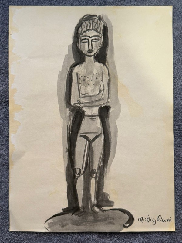 AMEDEO MODIGLIANI drawing and painting on old paper signed stamped vintage