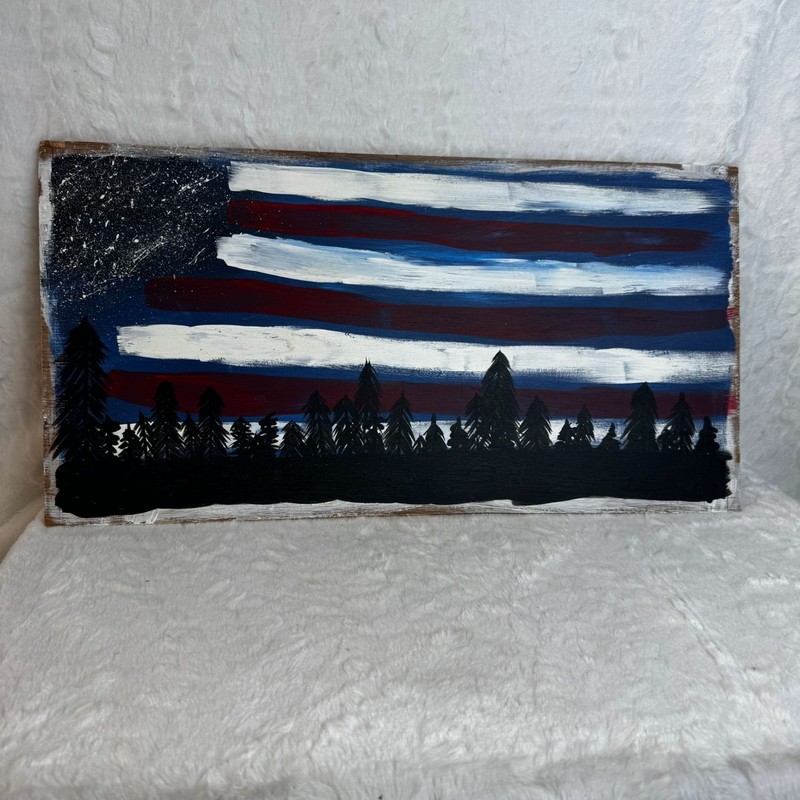 Hand-Painted American Flag On Wood With Forest Silhouette Wall Art
