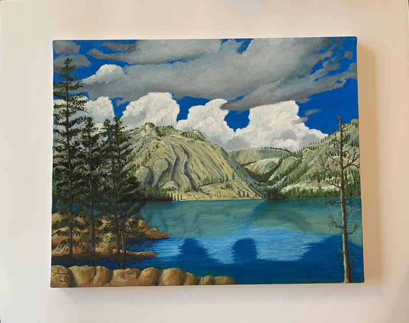 Painting Landscape Mountain Lake Clouds Original By A. Huff Oil Or Acrylic