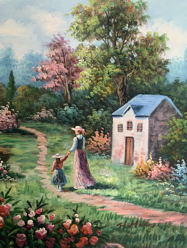 Original W. Hodges Oil Painting Colorful Flowers Country Home Water Bridge Trees gallery