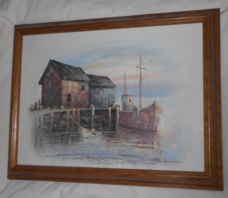 Alan J. Simpson Nautical Fishing Boat Harbor Oil Painting on Canvas Framed 18.5