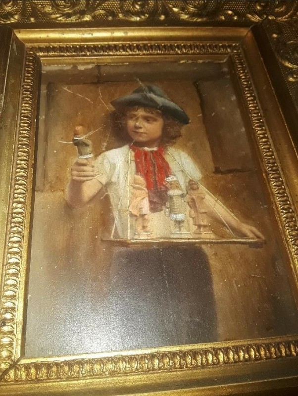 ANTIQUE 19th CENTURY OIL PAINTING BOY with FIGURINES/DOLLS picture gallery