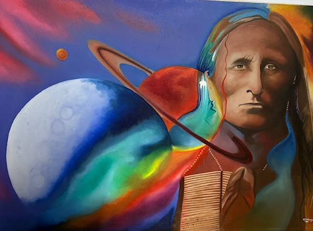 “Curley (Diné) 1996 Original Native American Oil Painting – Cosmic Portrait, Sig