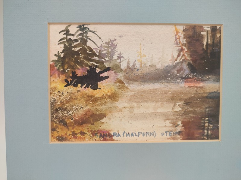 Signed Watercolor Sandra Halpern Stein Pine Trees River Neutrals Matted Fine Art gallery