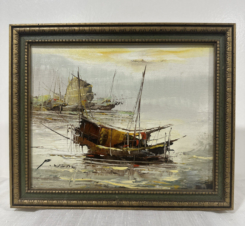 P. Wong Original Oil Chinese Junk Boats Seasscape Scene Painting
