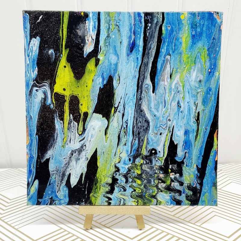 Original Abstract Acrylic Fluid Art Painting 8″x8″ Square Canvas Panel w/ Easel