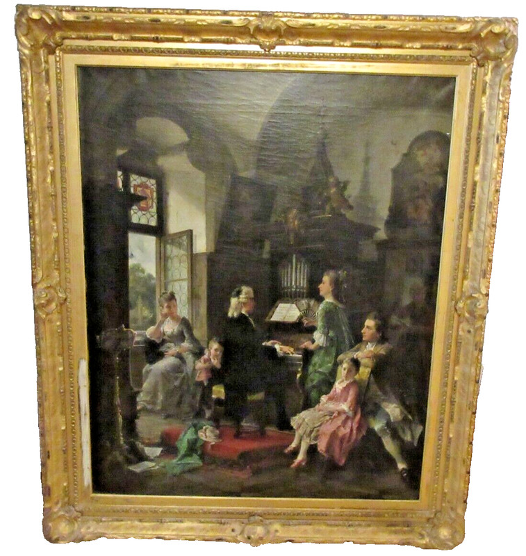 IMPORTANT CARL HERPFER 46" x 54" OIL PAINTING "MUSIC LESSON" IN FINE GOLD FRAME gallery