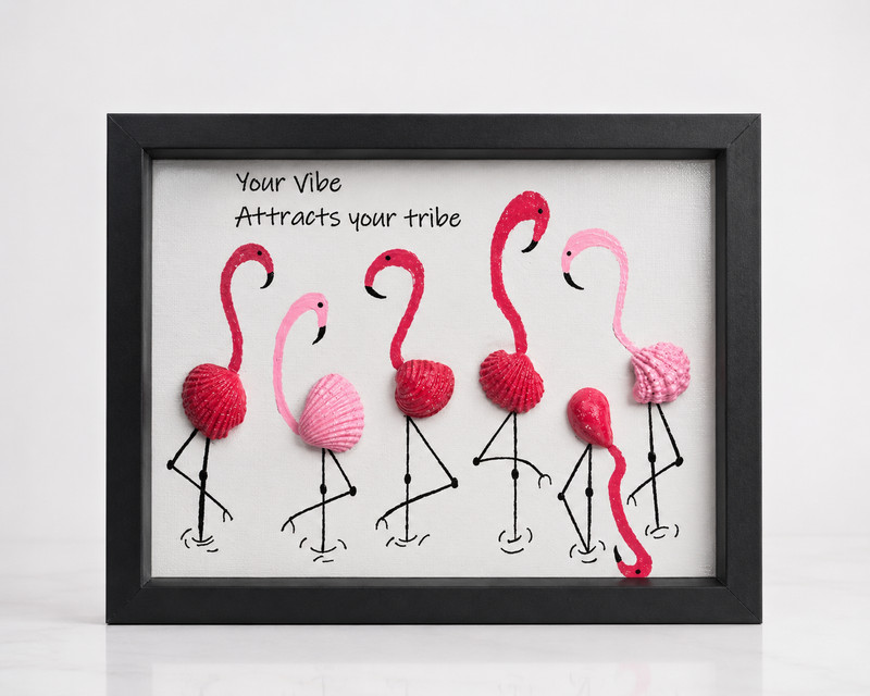 HANDMADE FLAMINGO ART- «Your Vibe Attracts Your Tribe»- Sea Shells in Shadow Box