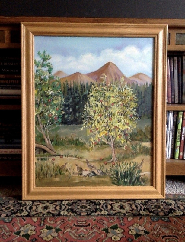 California Quails in Orchard Original Painting / Oil on Canvas Signed
