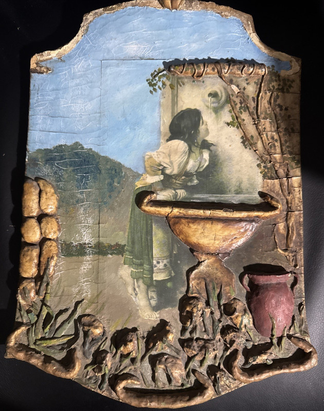 Vintage Hand Painted Roman GIrl at the Fountain~ bas- relief 15x 12 inches