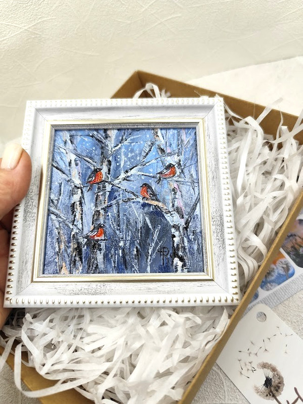 Original Oil Painting Winter Forest Framed Painting 4x4in Best Gift gallery