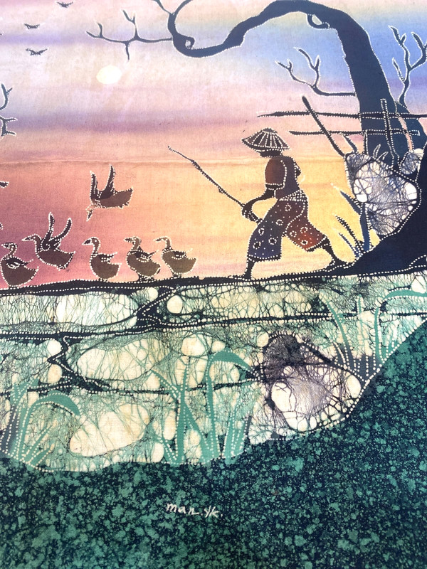 Batik Painting On Fabric Original Art Ducks Village Scene Signed gallery