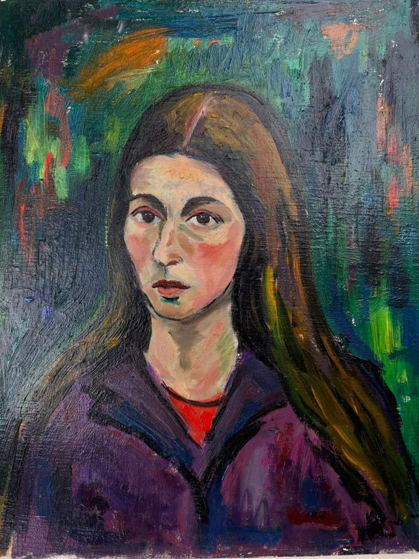 Long-Haired Girl in Purple 20 x 16 Oil Painting-1930s/40s-Maxim Bugzester gallery
