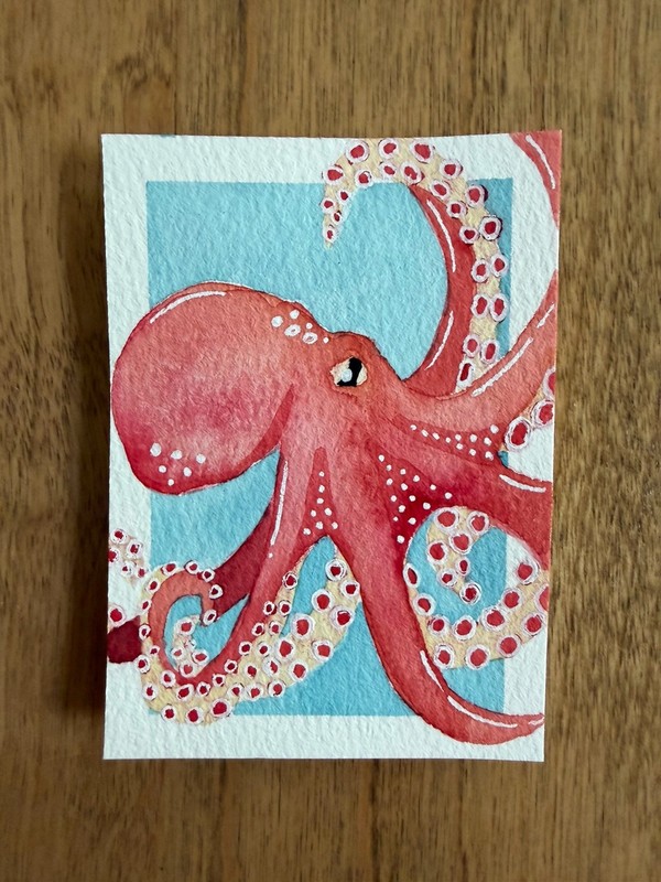 ACEO Original octopus, sea life, abstract ocean animal illustration 2.5 inx3.5 gallery